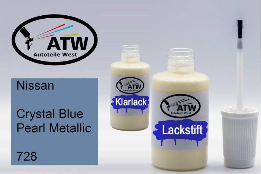 Nissan, Crystal Blue Pearl Metallic, 728: 20ml Lackstift + 20ml Klarlack - Set, von ATW Autoteile West.